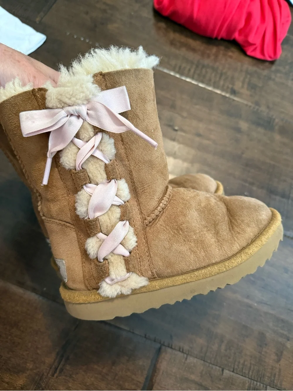 UGG Kids Chestnut Suede Boot with Pink Ribbon Accents